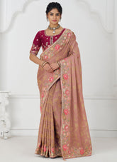 Elegant Peach Embroidered Dola Silk Designer Saree for Women
